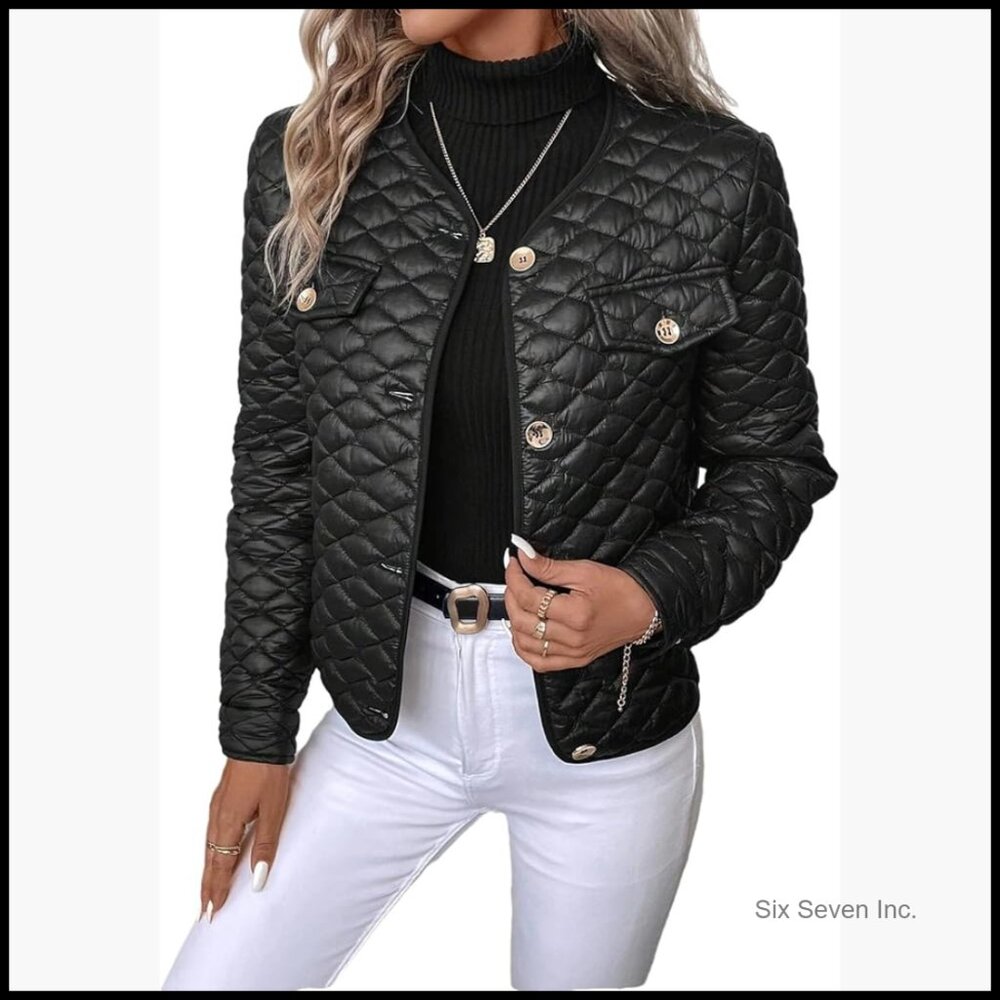 Quilted Polyester Cropped Jacket with Button Clos… - image 1